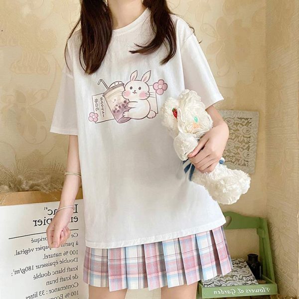 Cartoon Bunny Milk Tea Print Casual T-Shirt - Modakawa modakawa