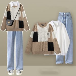 Colorblock Cable Knit Sweater Shirt High Waist Denim Pants Three Pieces - Modakawa Modakawa