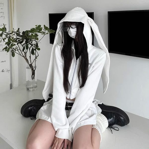 Kawaii Long Bunny Ears Pure Color Zipper Hooded Sweatshirt - Modakawa modakawa