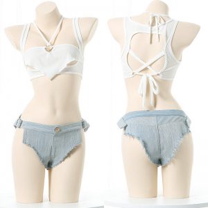 Lace Up Tank Top Denim Shorts Lingerie Set - Modakawa Modakawa