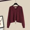 V-neck Lace Up Knit Sweater A-line Skirt Two Pieces - Modakawa modakawa