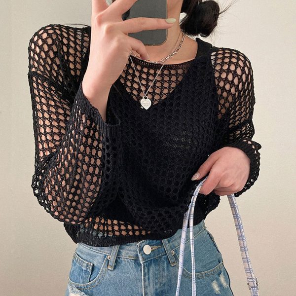 Loose Hollow Out See Through Mesh Crochet Crop Top - Modakawa Modakawa