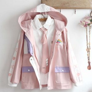 Cute School Student Rainbow Embroidery Hooded Jacket Outerwear - Modakawa Modakawa